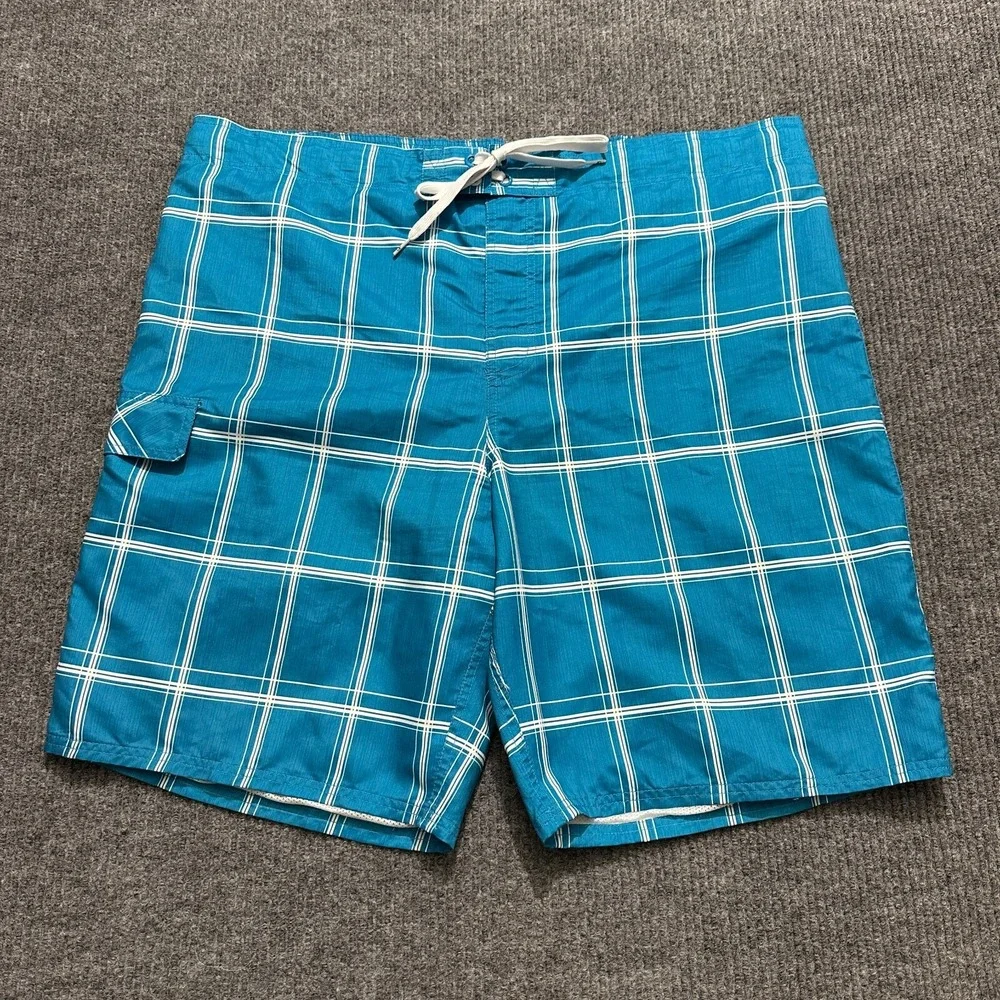 OP Board Shorts Mens Size 2XL 44-46 Blue Plaid Swim Trunks‎ Drawstring Surf